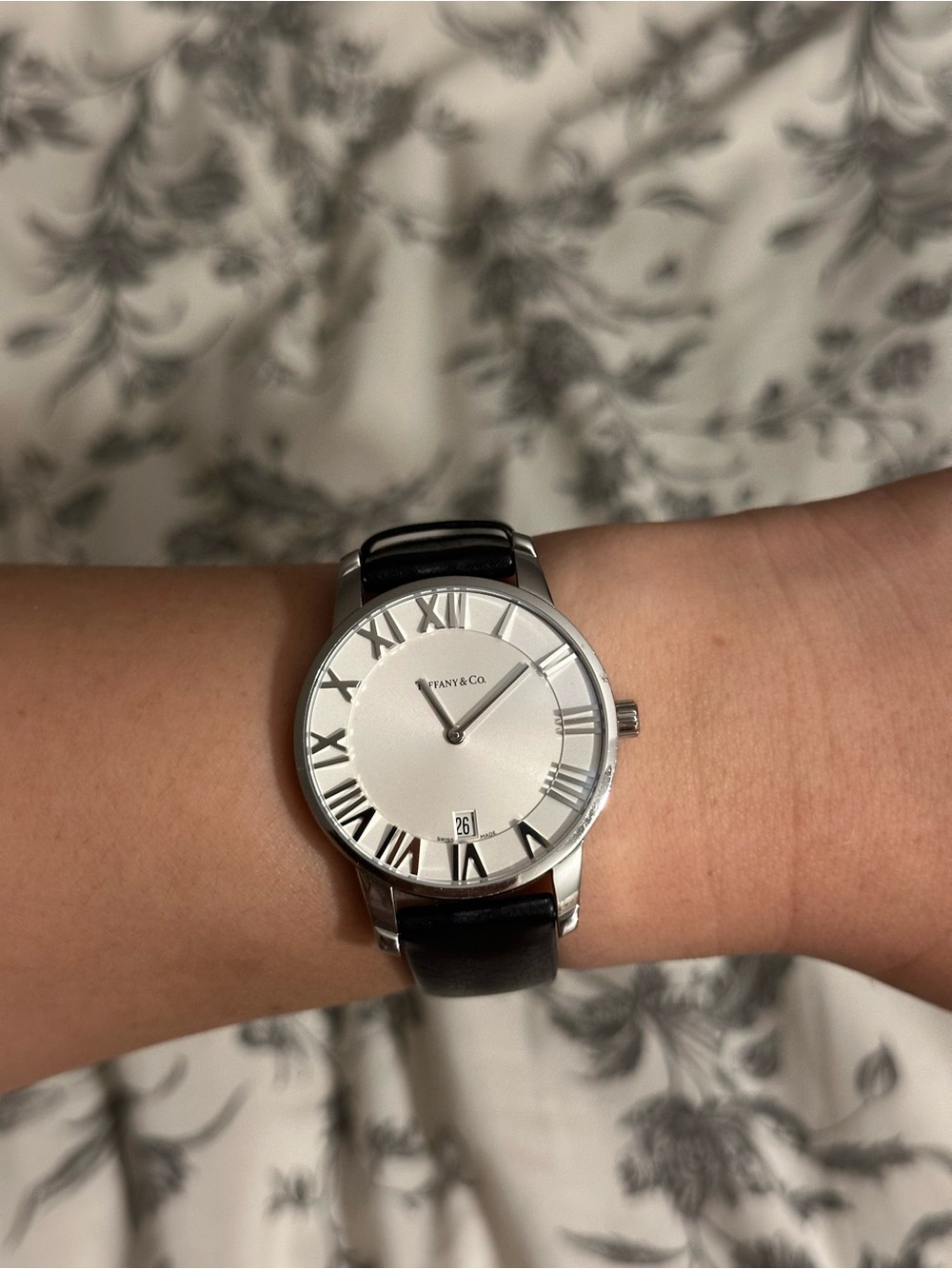 Tiffany & Co. Silver Black Leather Roman Numeral Atlas Dome 29mm Watch